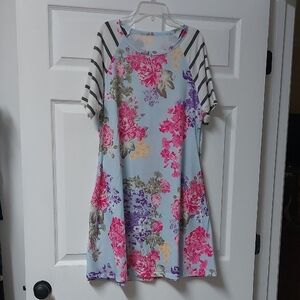 White and Pink Casual A-Line Midi Dress